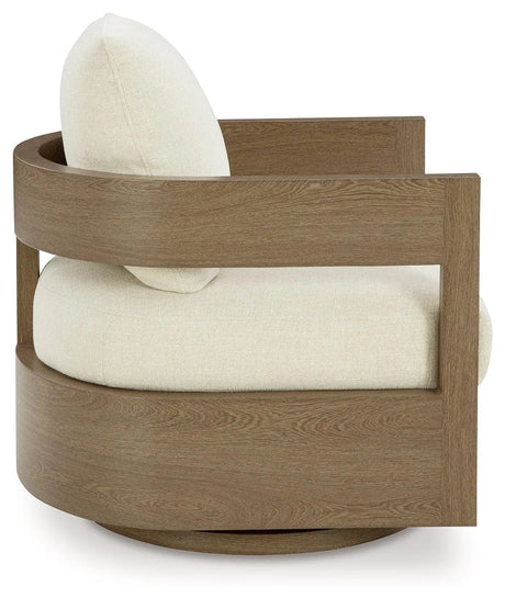Serene Bay Dark Brown/White Outdoor Swivel Glider Chair with Cushion by Ashley at Eve Furniture
