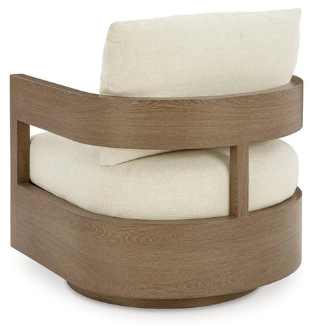 Serene Bay Dark Brown/White Outdoor Swivel Glider Chair with Cushion by Ashley at Eve Furniture