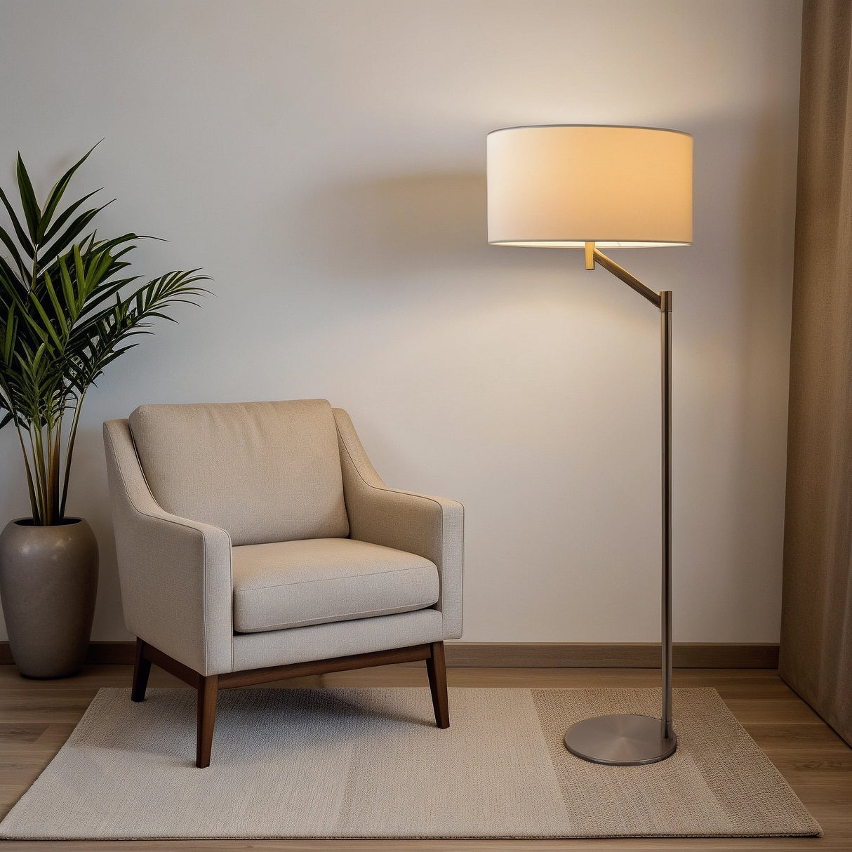 Serene Brushed Nickel Floor Lamp with Rotary Switch Metal Base White Linen Shade by Ashcroft Furniture at Eve Furniture