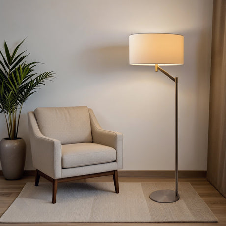 Serene Brushed Nickel Floor Lamp with Rotary Switch Metal Base White Linen Shade by Ashcroft Furniture at Eve Furniture