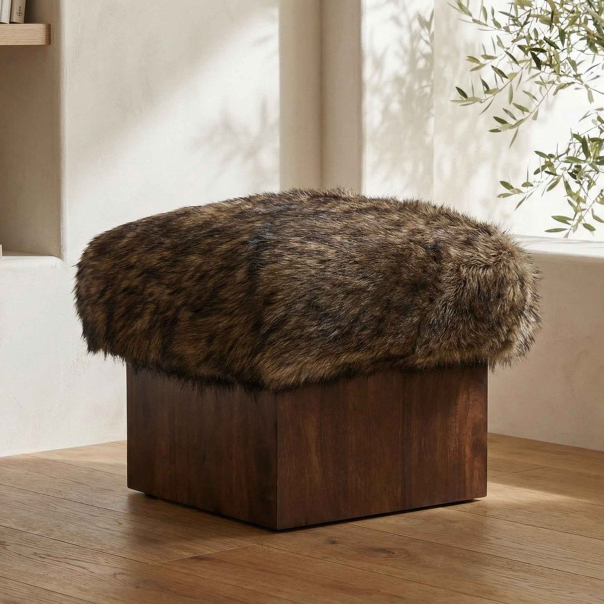 Serge Brown Faux Fur Ottoman by Moe's Home at Eve Furniture