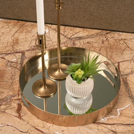 Serkis Gold Metal Mirrored Base Round Tray by Mercana at Eve Furniture