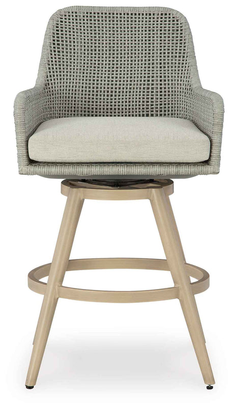 Seton Creek Beige/Gray Outdoor Bar Height Barstool with Cushion (Set of 2) by Ashley at Eve Furniture