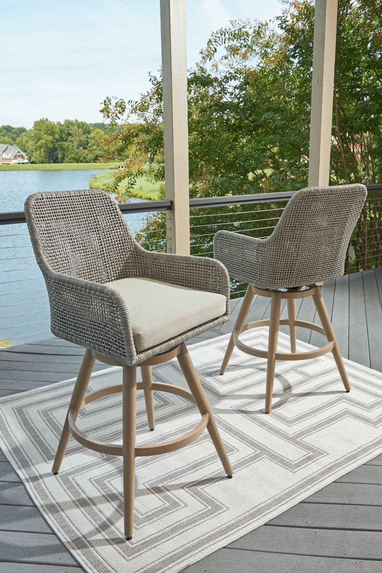 Seton Creek Beige/Gray Outdoor Bar Height Barstool with Cushion (Set of 2) by Ashley at Eve Furniture