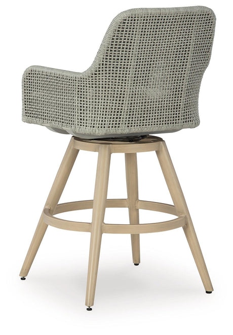 Seton Creek Beige/Gray Outdoor Bar Height Barstool with Cushion (Set of 2) by Ashley at Eve Furniture