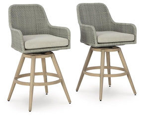 Seton Creek Beige/Gray Outdoor Bar Height Barstool with Cushion (Set of 2) by Ashley at Eve Furniture