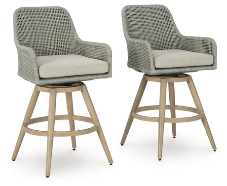 Seton Creek Beige/Gray Outdoor Bar Height Barstool with Cushion (Set of 2) by Ashley at Eve Furniture