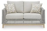 Seton Creek Gray Outdoor Loveseat with Cushion by Ashley at Eve Furniture