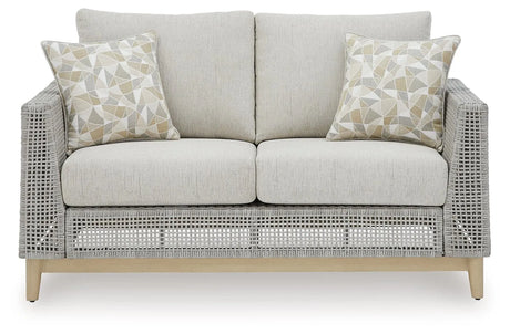 Seton Creek Gray Outdoor Loveseat with Cushion by Ashley at Eve Furniture