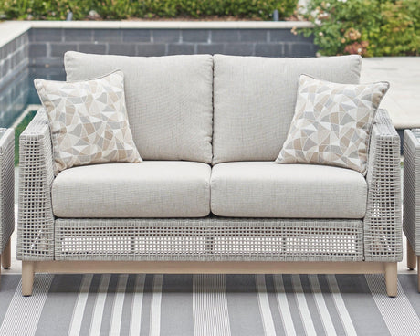 Seton Creek Gray Outdoor Loveseat with Cushion by Ashley at Eve Furniture