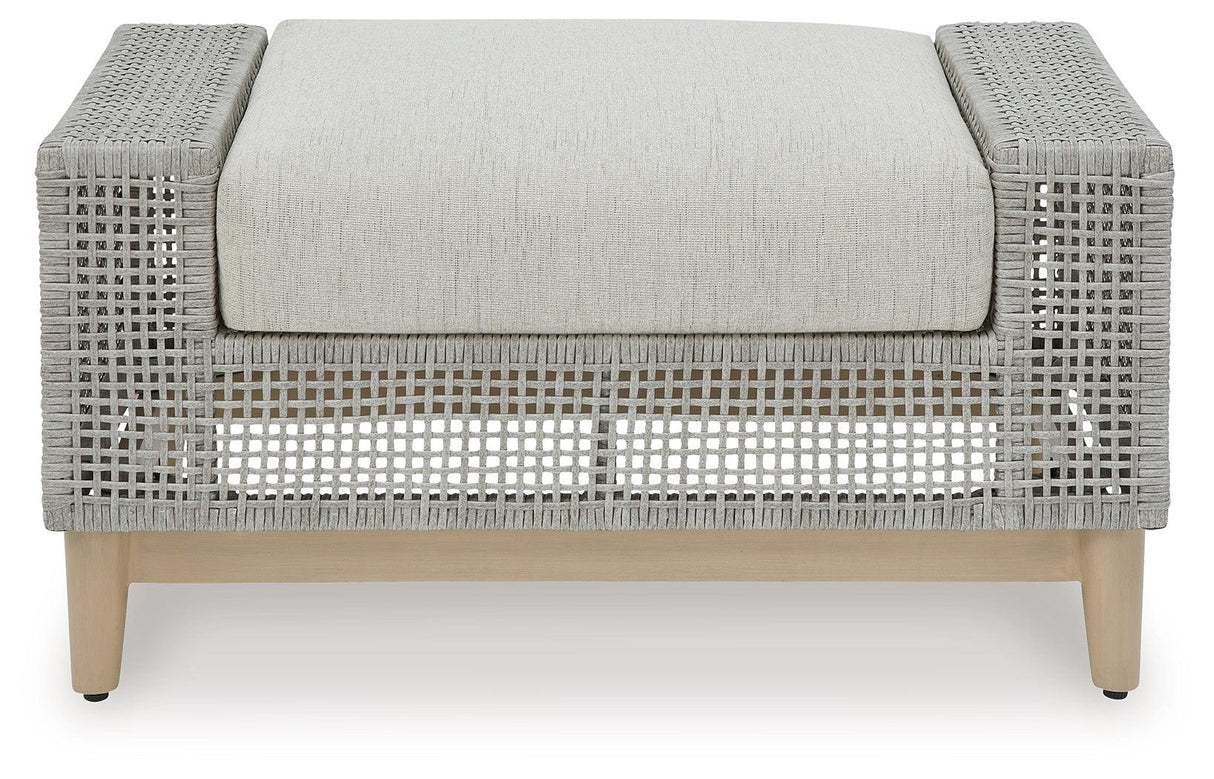 Seton Creek Gray Outdoor Ottoman with Cushion by Ashley at Eve Furniture