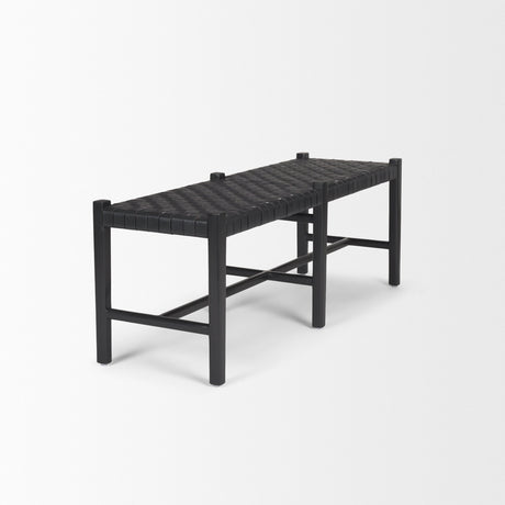 Shane Black Wood w/ Woven Black Leather Bench by Mercana at Eve Furniture
