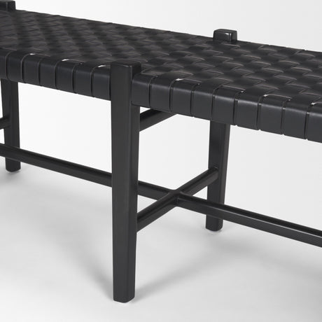 Shane Black Wood w/ Woven Black Leather Bench by Mercana at Eve Furniture