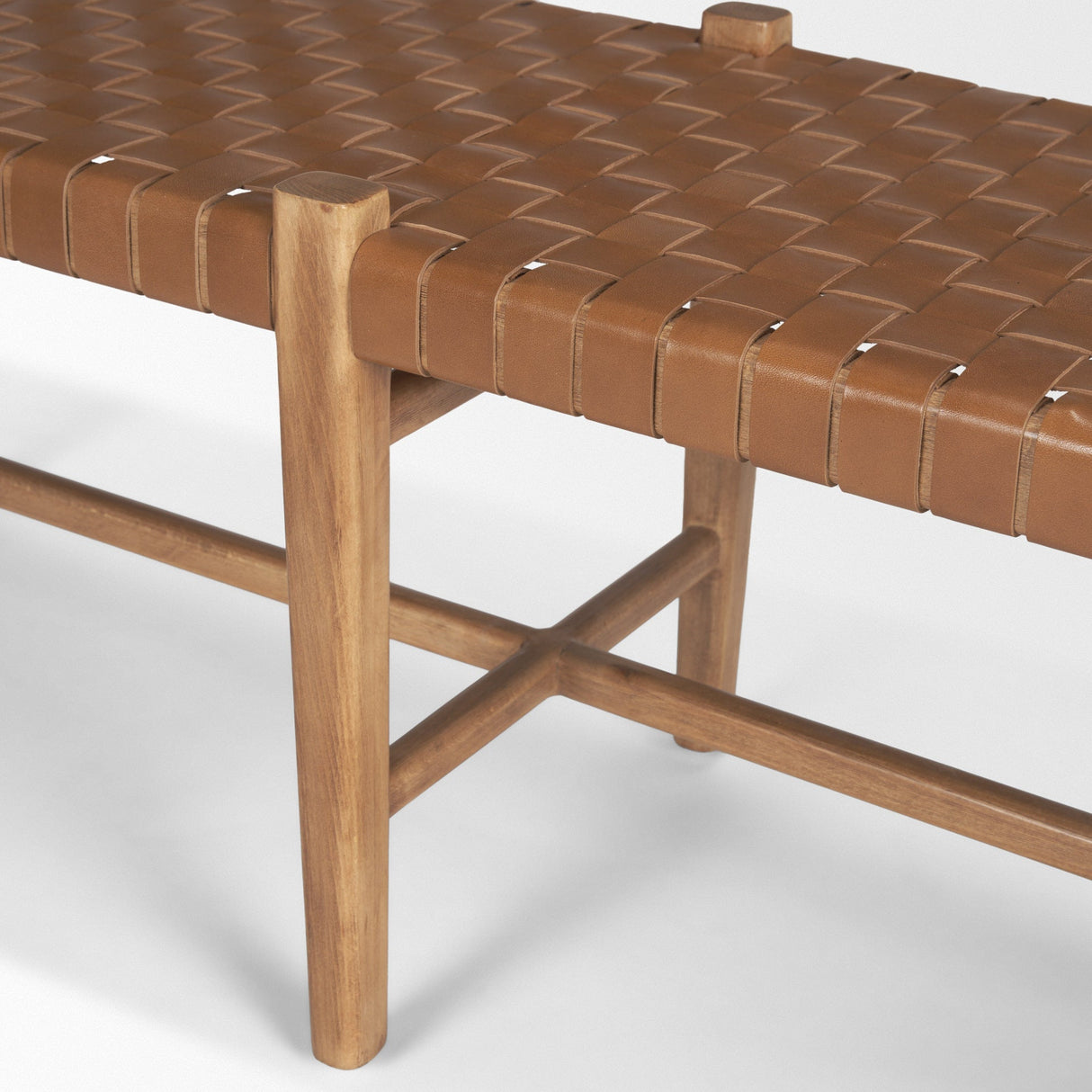 Shane Brown Wood w/ Woven Brown Leather Bench by Mercana at Eve Furniture