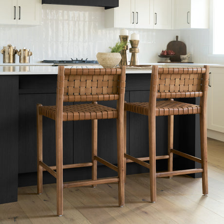 Shane Brown Wood w/ Woven Brown Leather Counter Stool by Mercana at Eve Furniture