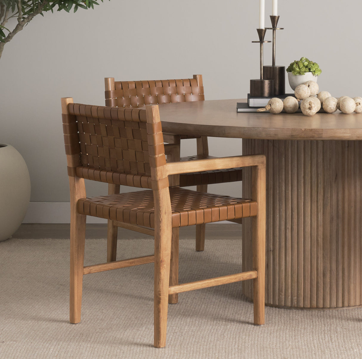 Shane Brown Wood w/ Woven Brown Leather Dining Armchair by Mercana at Eve Furniture