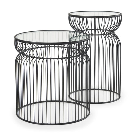 Shani Set of 2 Round, Black Metal w/ Glass, Accent Tables by Mercana at Eve Furniture