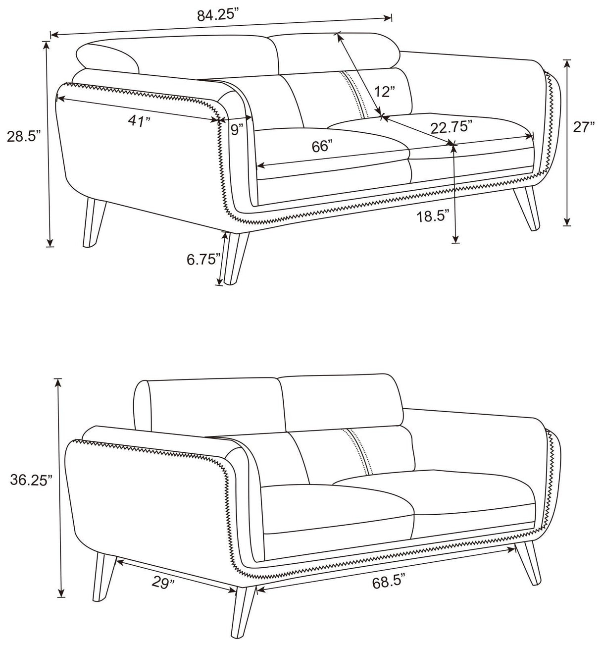 Shania 3-Piece Track Arms Living Room Set Black