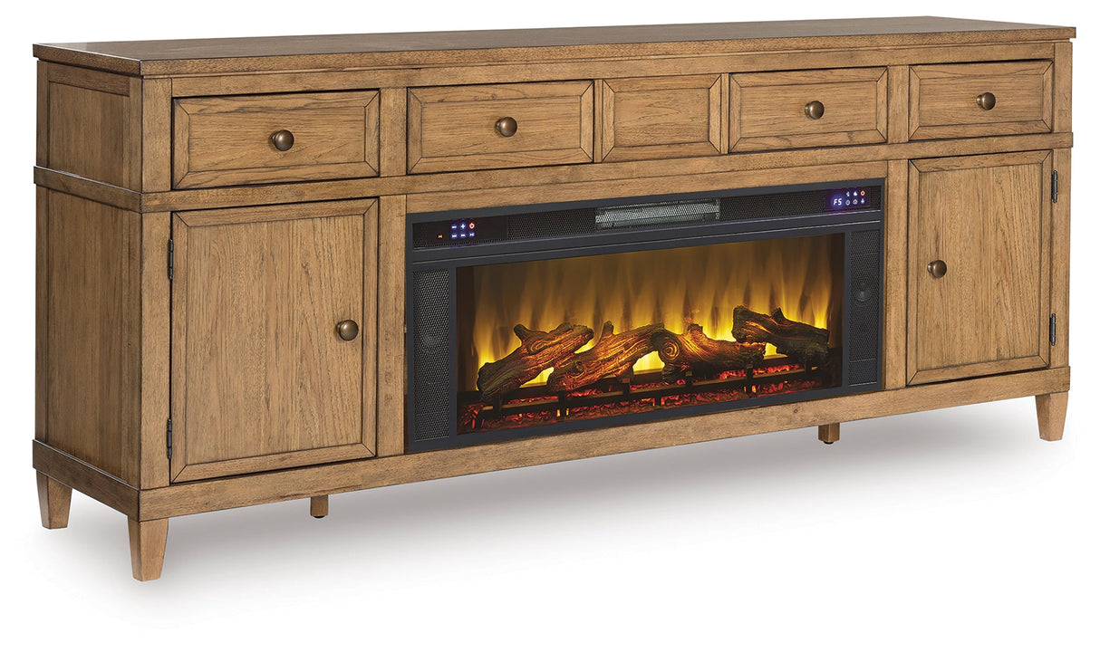 Sharlance Light Brown 81" TV Stand with Electric Fireplace by Ashley at Eve Furniture