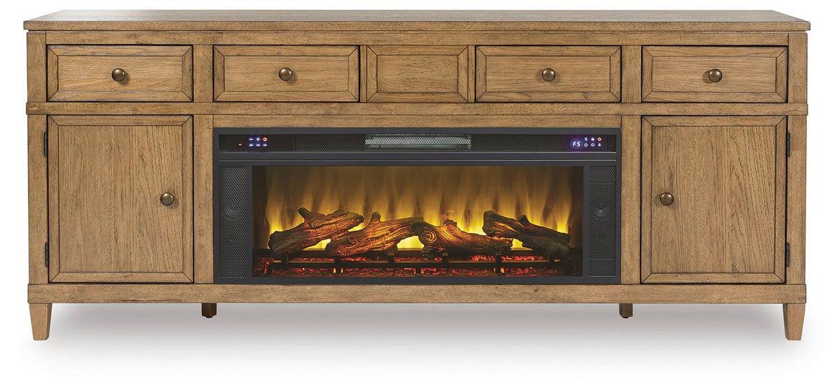 Sharlance Light Brown 81" TV Stand with Electric Fireplace by Ashley at Eve Furniture