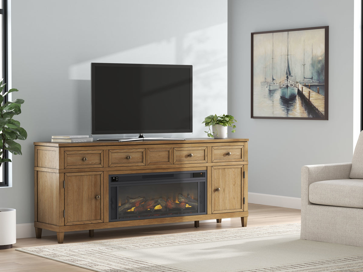 Sharlance Light Brown 81" TV Stand with Electric Fireplace by Ashley at Eve Furniture