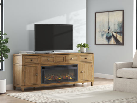 Sharlance Light Brown 81" TV Stand with Electric Fireplace by Ashley at Eve Furniture