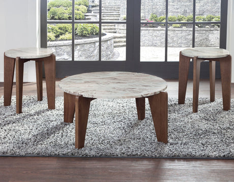Shavon 32″ Toronto Brown Round Marble Coffee Table by Steve Silver at Eve Furniture