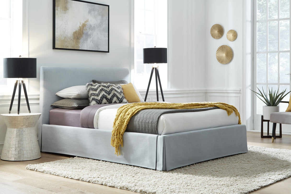 Shelby California King Skirted Footboard Storage Panel Bed in Sky by Modus Furniture at Eve Furniture