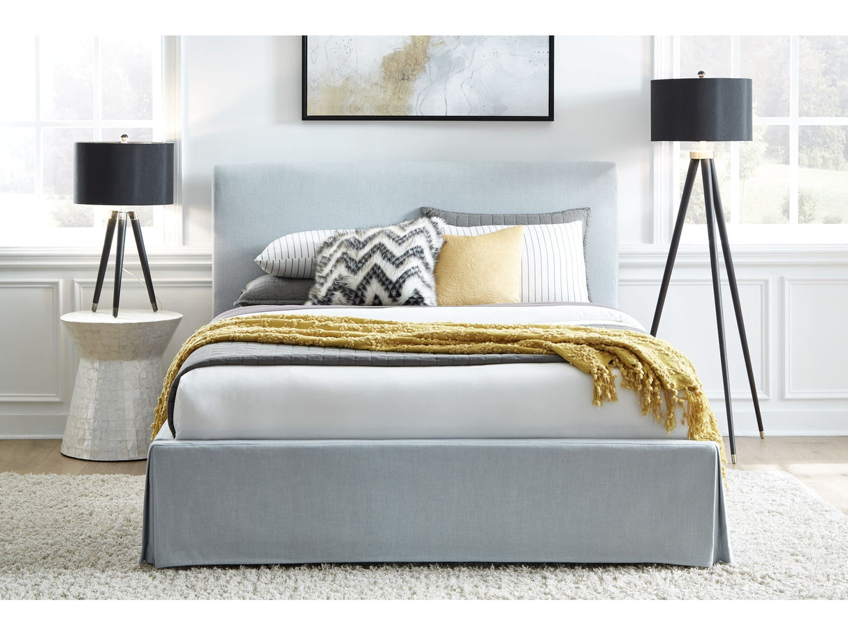 Shelby California King Skirted Footboard Storage Panel Bed in Sky by Modus Furniture at Eve Furniture
