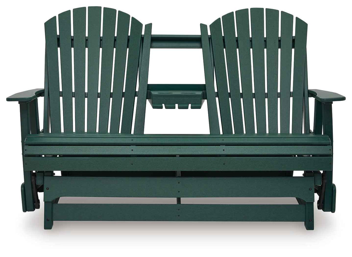Shell Beach Green Outdoor Loveseat Glider by Ashley at Eve Furniture