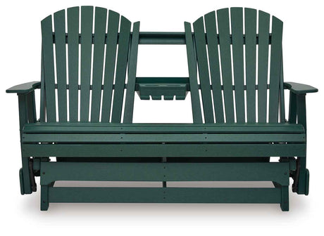 Shell Beach Green Outdoor Loveseat Glider by Ashley at Eve Furniture