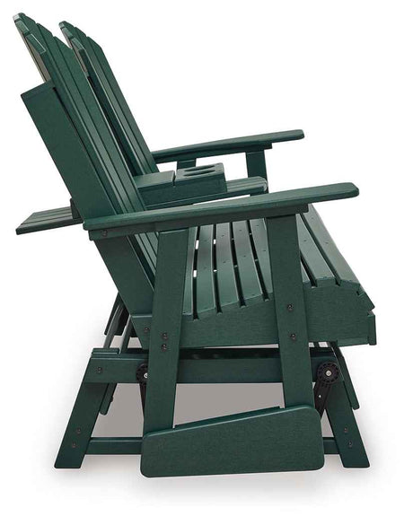 Shell Beach Green Outdoor Loveseat Glider by Ashley at Eve Furniture
