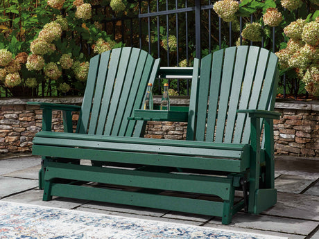 Shell Beach Green Outdoor Loveseat Glider by Ashley at Eve Furniture