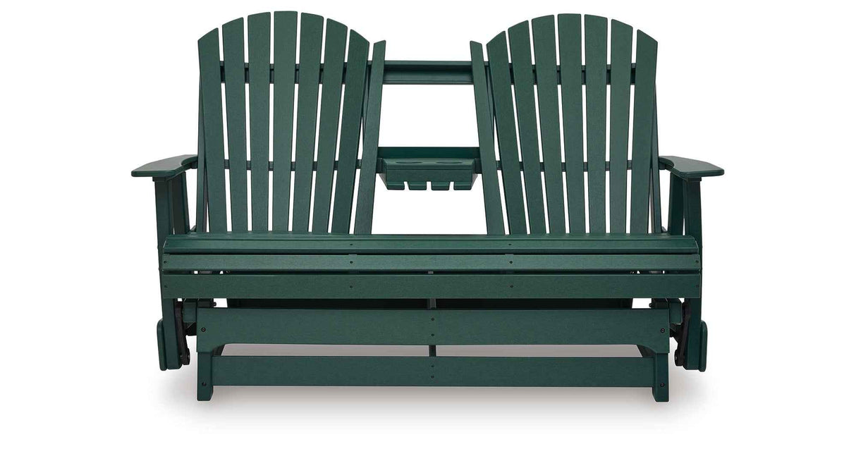 Shell Beach Green Outdoor Loveseat Glider by Ashley at Eve Furniture