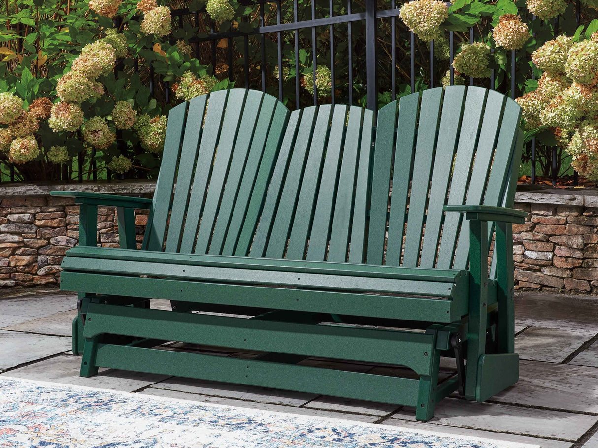 Shell Beach Green Outdoor Loveseat Glider by Ashley at Eve Furniture