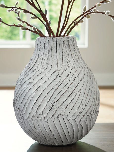 Shelvie Distressed White Vase by Ashley at Eve Furniture