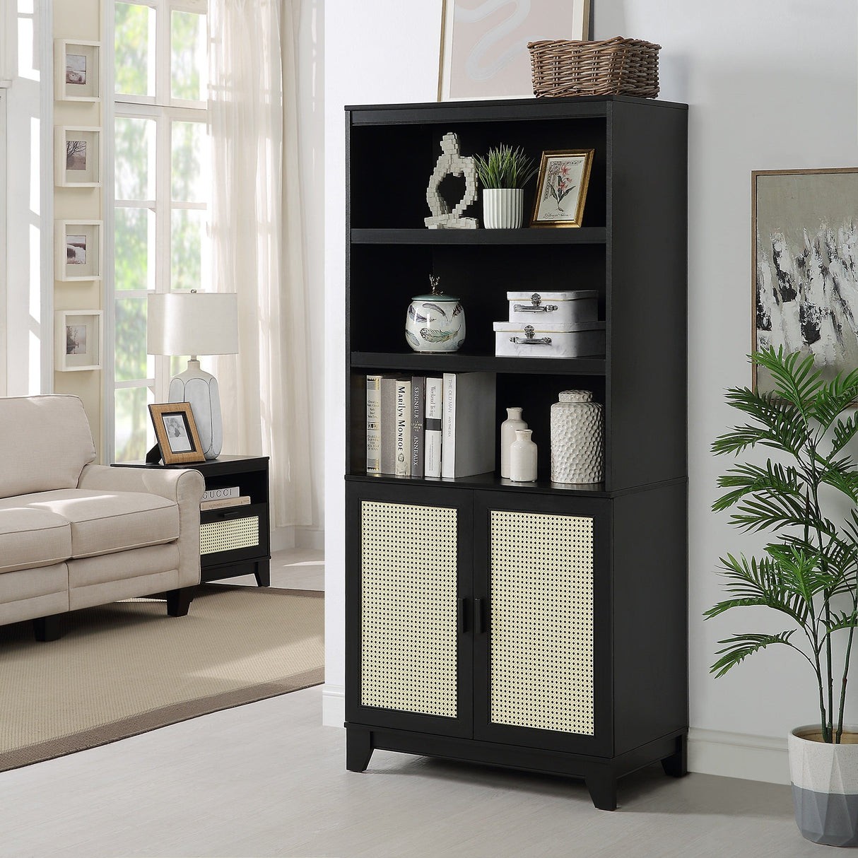 Sheridan 4-Piece Set: Bookcase, TV Stand, Sideboard, End Table in Black by Manhattan Comfort at Eve Furniture