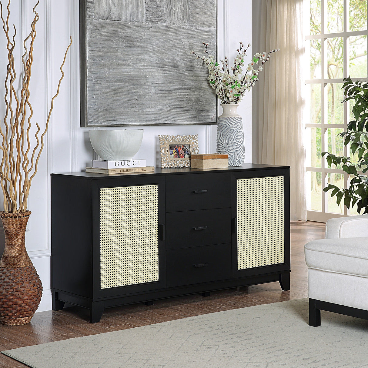 Sheridan 4-Piece Set: Bookcase, TV Stand, Sideboard, End Table in Black by Manhattan Comfort at Eve Furniture