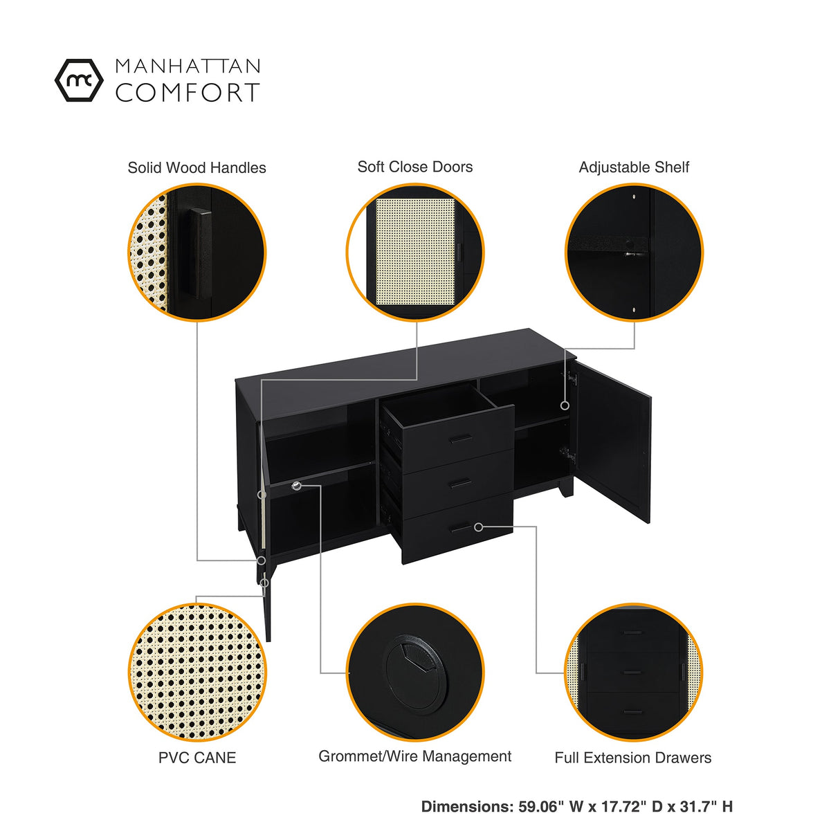 Sheridan 4-Piece Set: Bookcase, TV Stand, Sideboard, End Table in Black by Manhattan Comfort at Eve Furniture