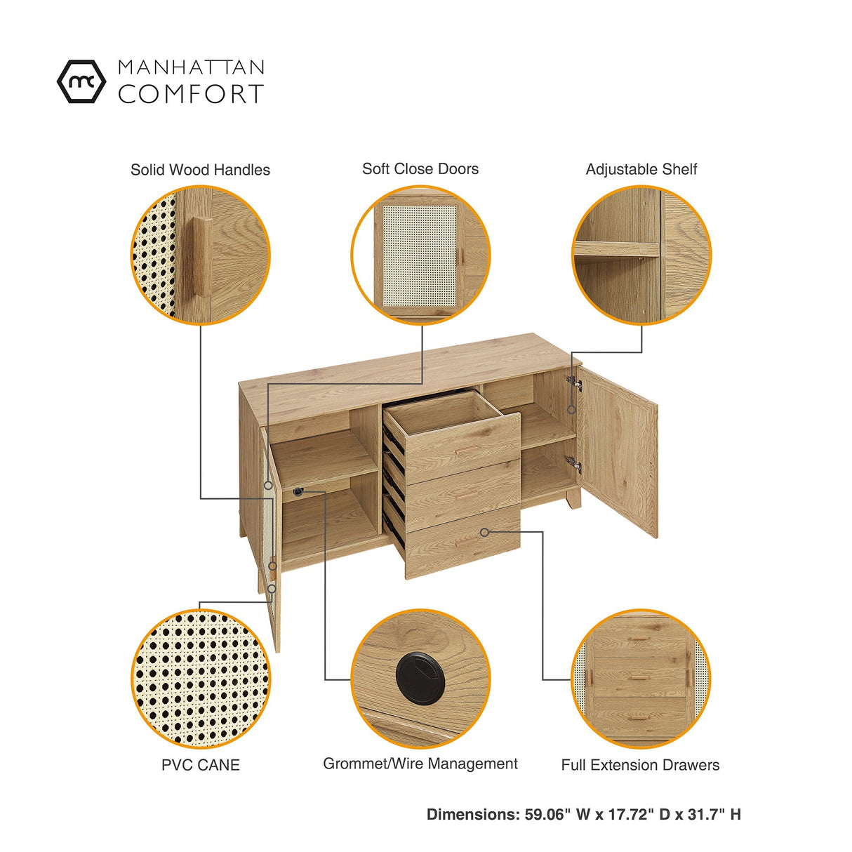 Sheridan 4-Piece Set: Bookcase, TV Stand, Sideboard, End Table in Nature by Manhattan Comfort at Eve Furniture