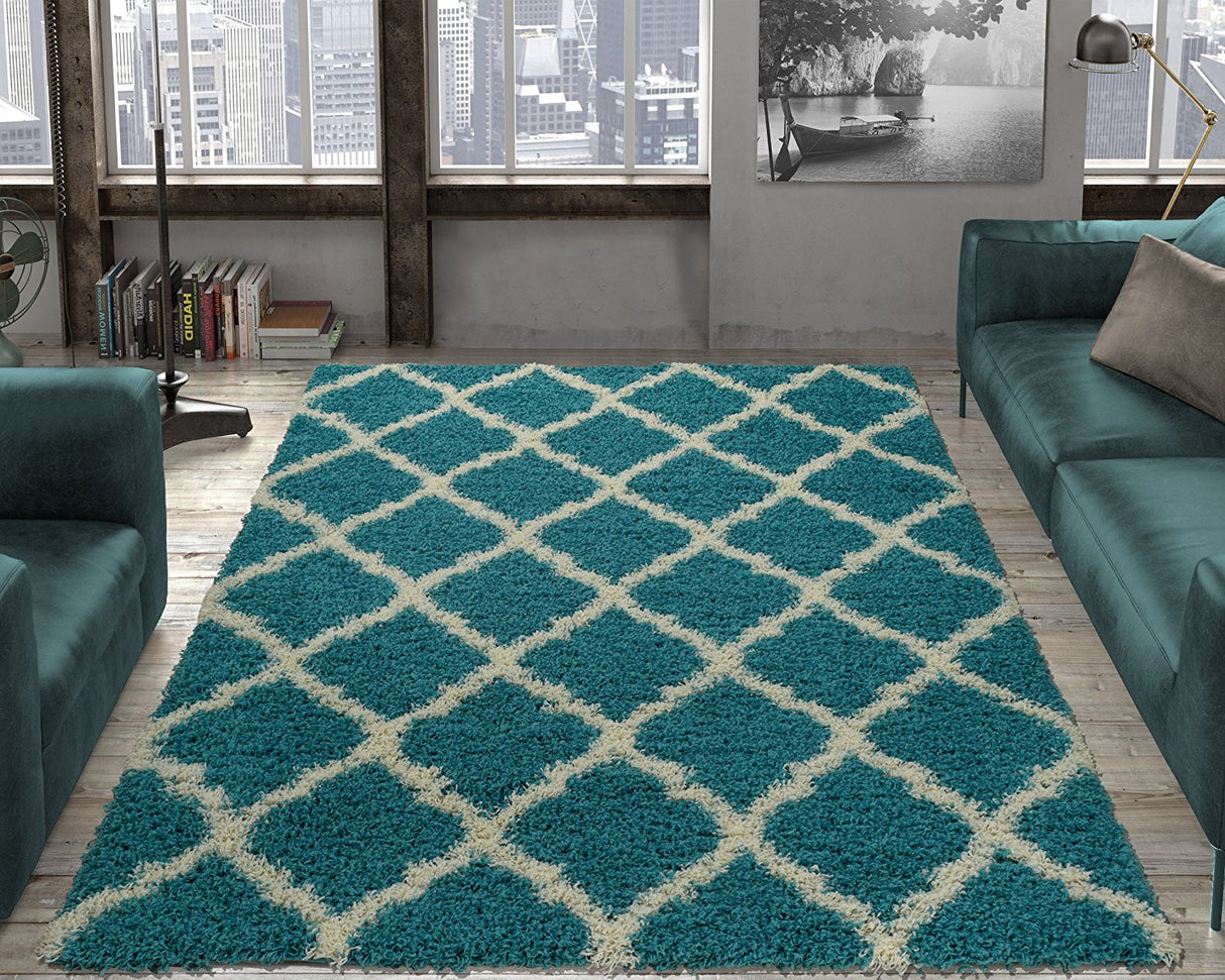 Cozy Moroccan Trellis Turquoise Shaggy Area Rug - 8X10