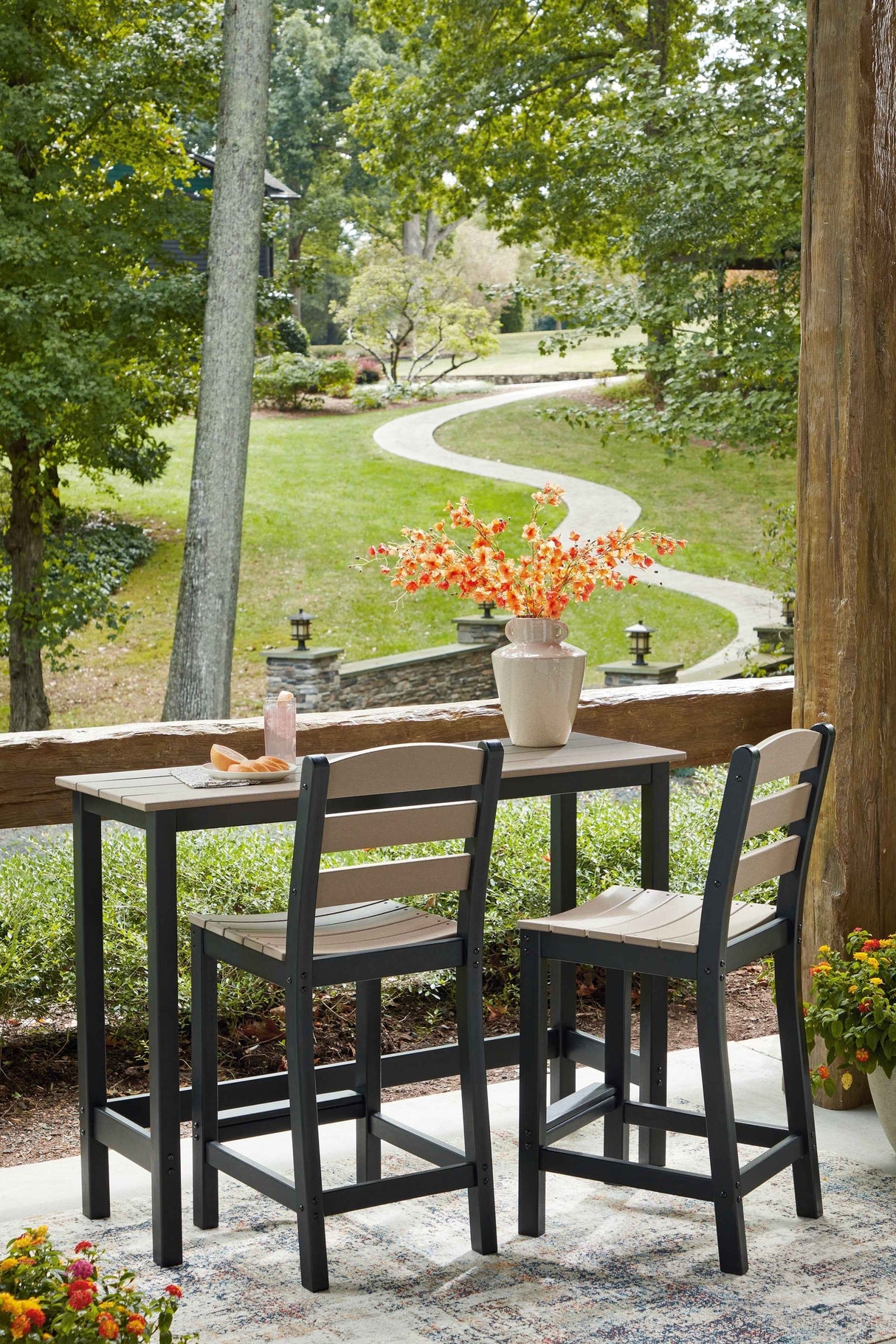 Shoreline Beach Black/Beige Outdoor Counter Table and 2 Barstools by Ashley at Eve Furniture