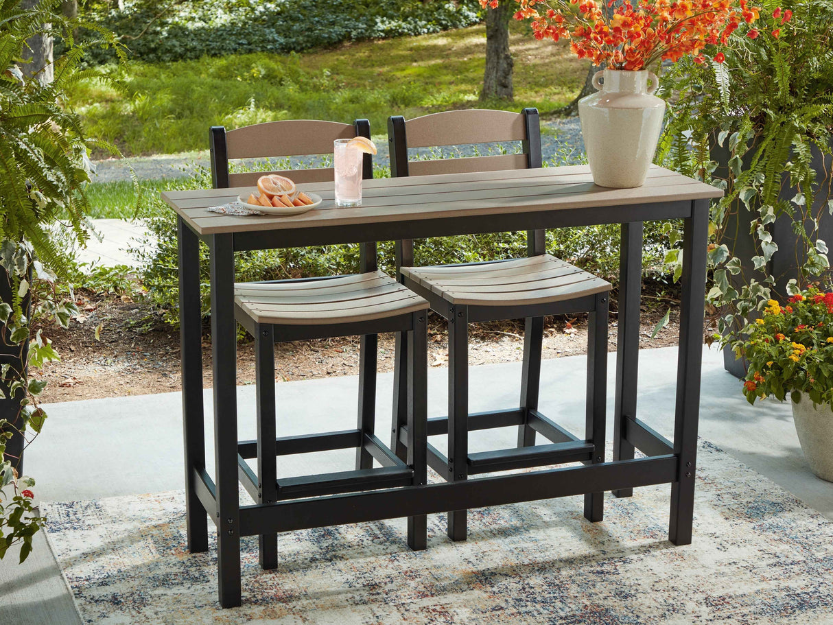 Shoreline Beach Black/Beige Outdoor Counter Table and 2 Barstools by Ashley at Eve Furniture