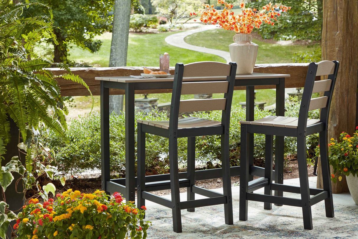 Shoreline Beach Black/Beige Outdoor Counter Table and 2 Barstools by Ashley at Eve Furniture