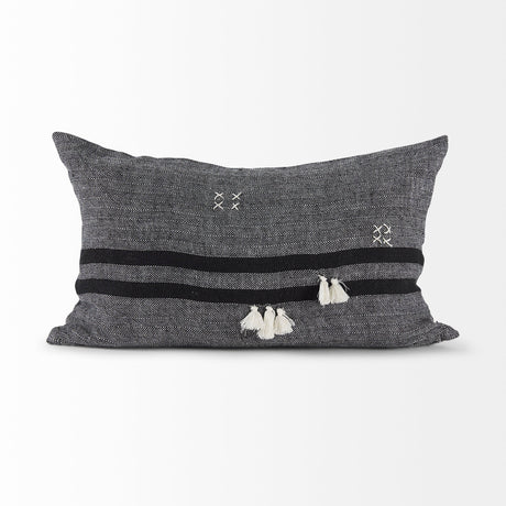 Sibyl Black Fabric Striped and White Fringed Decorative Pillow Cover by Mercana at Eve Furniture