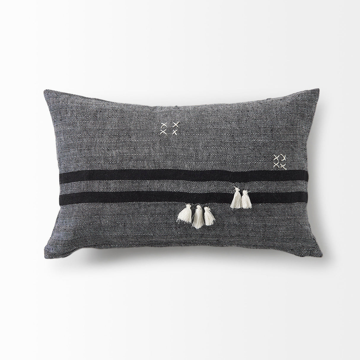 Sibyl Black Fabric Striped and White Fringed Decorative Pillow Cover by Mercana at Eve Furniture