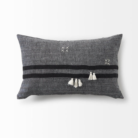 Sibyl Black Fabric Striped and White Fringed Decorative Pillow Cover by Mercana at Eve Furniture