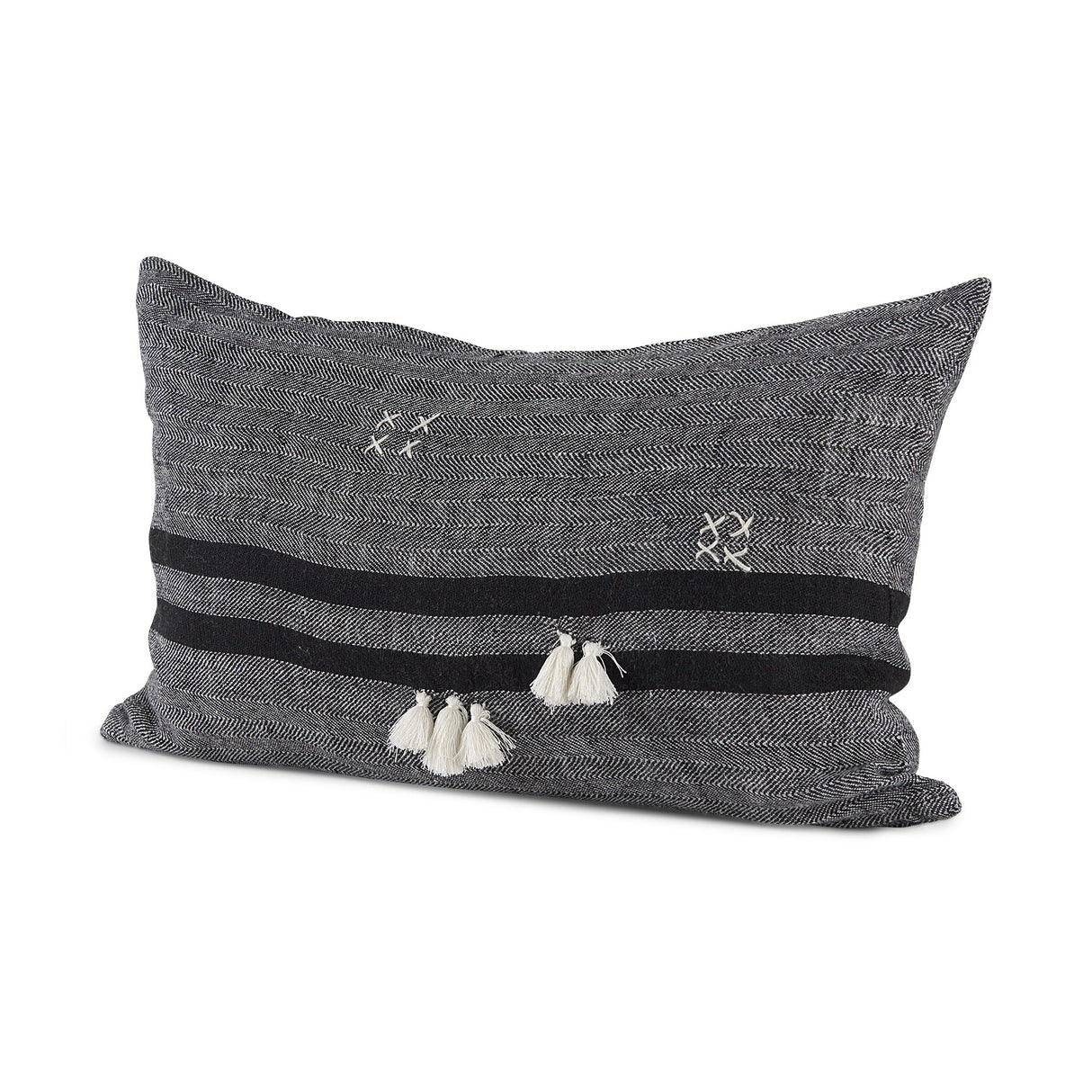 Sibyl Black Fabric Striped and White Fringed Decorative Pillow Cover by Mercana at Eve Furniture
