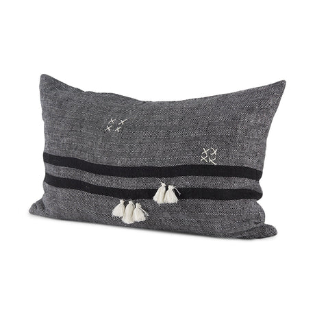 Sibyl Black Fabric Striped and White Fringed Decorative Pillow Cover by Mercana at Eve Furniture