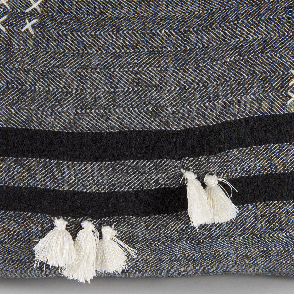 Sibyl Black Fabric Striped and White Fringed Pillow Cover w/Down Filler, Set of 2 by Mercana at Eve Furniture
